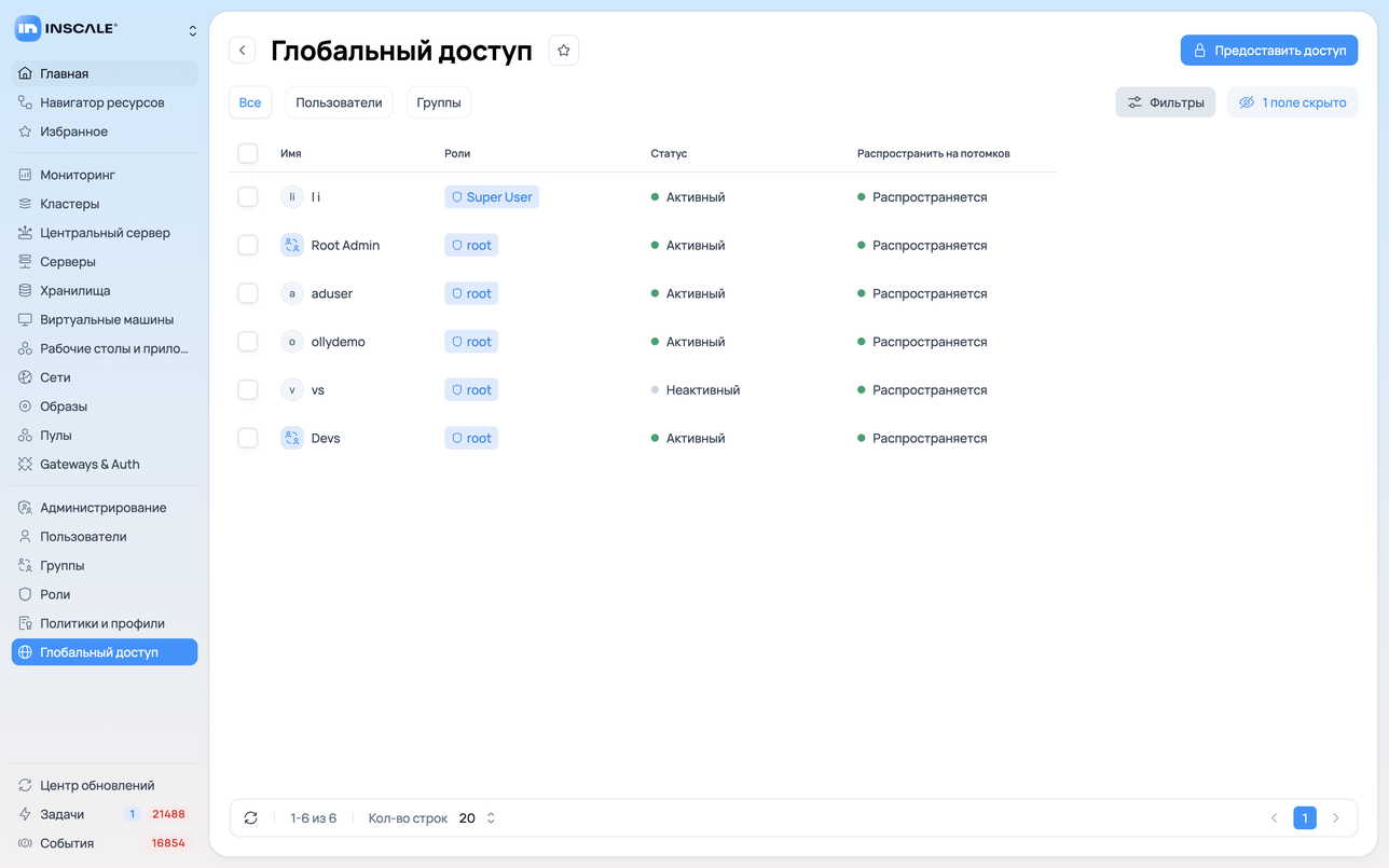 Раздел «Глобальный доступ» в приложении Inscale