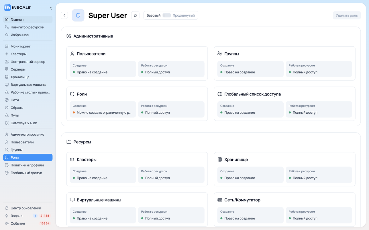 Карточка роли с деревом привилегий в режимах «Базовый» и «Продвинутый»