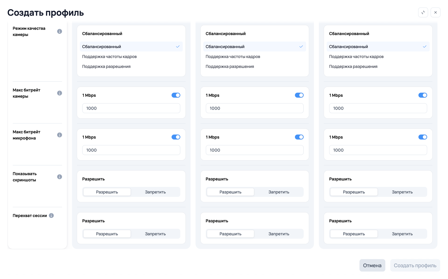 Профиль протокола: камера, микрофон, скриншоты, перехват сессии